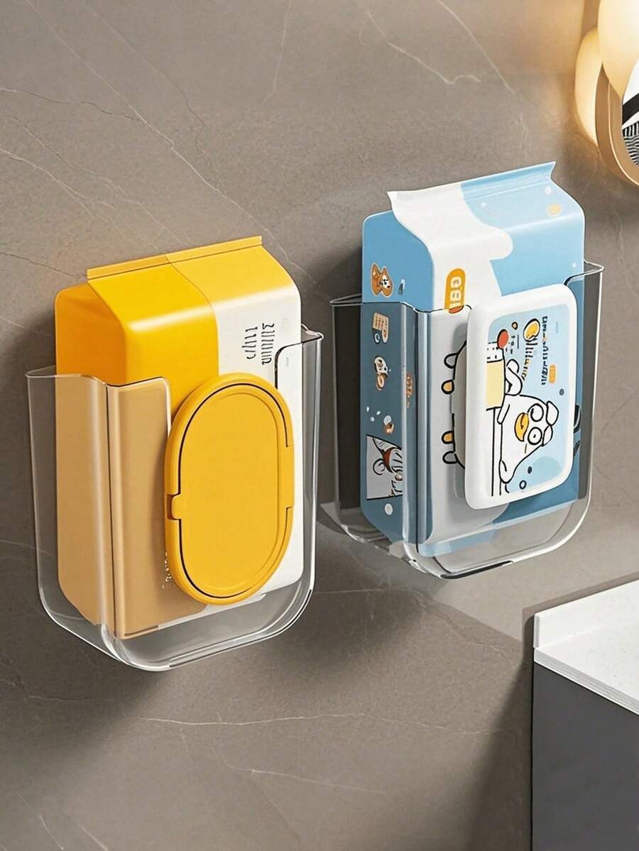 Wall-Mounted Wet Wipes Dispenser, Self-Adhesive Plastic Holder With Large Opening, Strong Load-Bearing Capacity, Suitable For Bathroom Tissue Box Storage - Multicolor - View 1