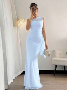 Women's Elegant Romantic Fashion Office Lady Sexy Slim Long Dress With Asymmetrical Shoulder Design, Suitable For Party, Beach Vacation, Back To School, Date, Wedding, Birthday, Easter, Spring/Summer Wedding Gown,Soft Romance - Màu tím  Violet - Xem 8