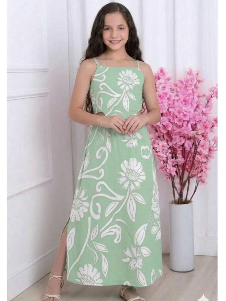Women's Long Dress In Premium Duna Fabric With Thin Straps, Waist Cutout, Adjustable Elastic Back, Flowing Skirt With Side Slit, Elegant, Comfortable And Modern Casual Chic Design - 綠色圖案 - 查看 1