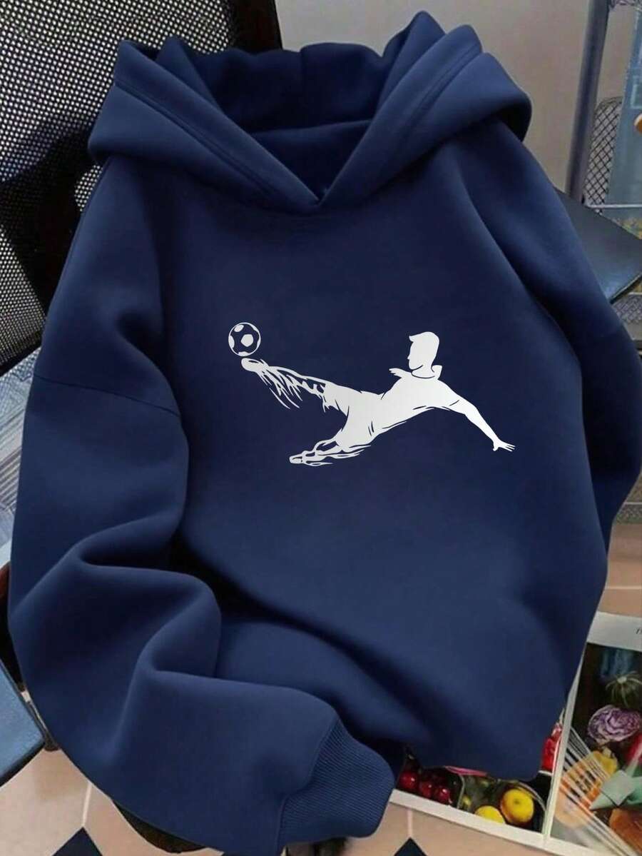 1 pieza Sudadera informal con estampado para niño preadolescente, forrada térmica, manga larga, otoño/invierno - Azul Marino - Ver 1