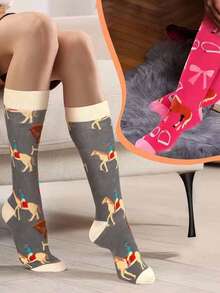 1/4/6 双随机马图案男女通用小腿袜，时尚耐穿过膝袜 - 彩色 - 查看 5