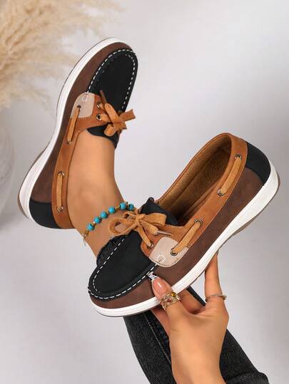 女士新款圆头套脚乐福鞋，系带撞色浅口平底鞋，休闲日常步行鞋，适合远足、户外活动、四季皆宜，多功能休闲运动鞋