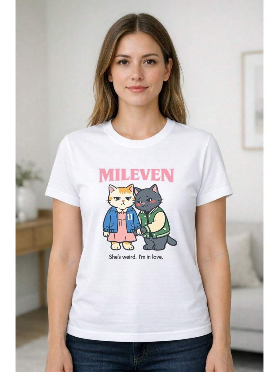 Mileven Cat Couple Shirt, Valentine's Gift, Retro 80s Style, Soft Comfy Cotton T-Shirt, Lightweight And Airy Material, Stylish Casual Streetwear, Skin-Friendly And Non-Irritating, Great For Daily Outfits, Travel And Holiday Celebrations - White - View 1