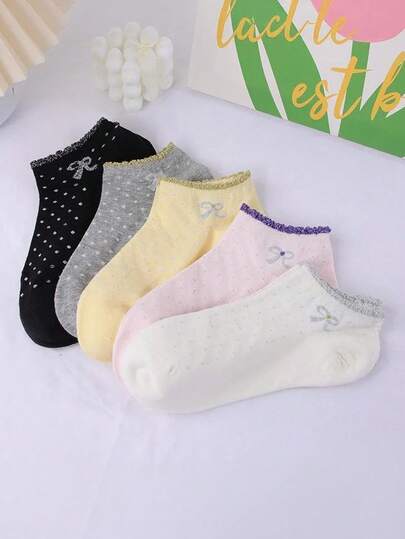 5 Pairs Women's Socks, Thin Fashionable Sweet Bowknot Sequin Polka Dot Ankle Socks, Comfortable Ruffle Edge, Suitable For Summer Daily Wear
