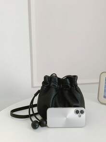 2026 New Arrival Bucket Bag, Large Capacity, Soft Leather, Elegant, Crossbody Shoulder Bag, Fashion Versatile Drawstring Bag For Women - Black - View 4