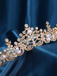 手工串珠新娘皇冠，水晶女王皇冠，公主头饰，闪亮发饰，适合婚礼、生日、派对 - 金色 - 查看 2