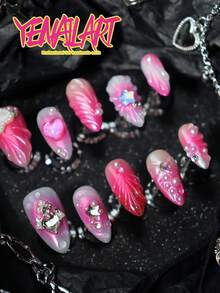 10片装按压式美甲贴片，款式包括杏仁形、粉色、渐变白色、闪粉、蝴蝶结、3D立体装饰元素、仿珍珠、星星、爱心水钻装饰、泡泡、甜心全覆盖亚克力仙女手工假指甲套装，日式美甲用品，适合女性和女孩，包含1个迷你指甲锉和1张粘合贴片，适合派对、婚礼和日常佩戴，春夏必备美甲单品 - 西瓜粉 - 查看 4