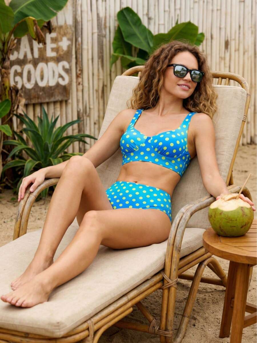 August vacation Kỳ nghỉ tháng Tám: Bộ bikini nữ thanh lịch màu xanh chấm bi gợi cảm, họa tiết ngẫu nhiên, đồ bơi đi biển mùa hè. - Nhiều màu - Xem 1