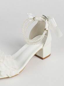 Damen Perlen Schleife Blumen Dekor Spitze Perlen Kette Plateau Absatz Sandalen, süßer Stil, Sommer weiße Perlen Quadratische Zehenkappe Niedrig-Top Einriemen Plateau Absatz Sandalen - Weiss - Übersicht 8