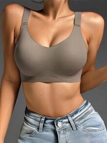 Sujetador sin costuras y sin alambres para talla grande, con espalda de estilo racer, ajustable, ligero, apto para uso diario y deportes - Gris - Ver 1