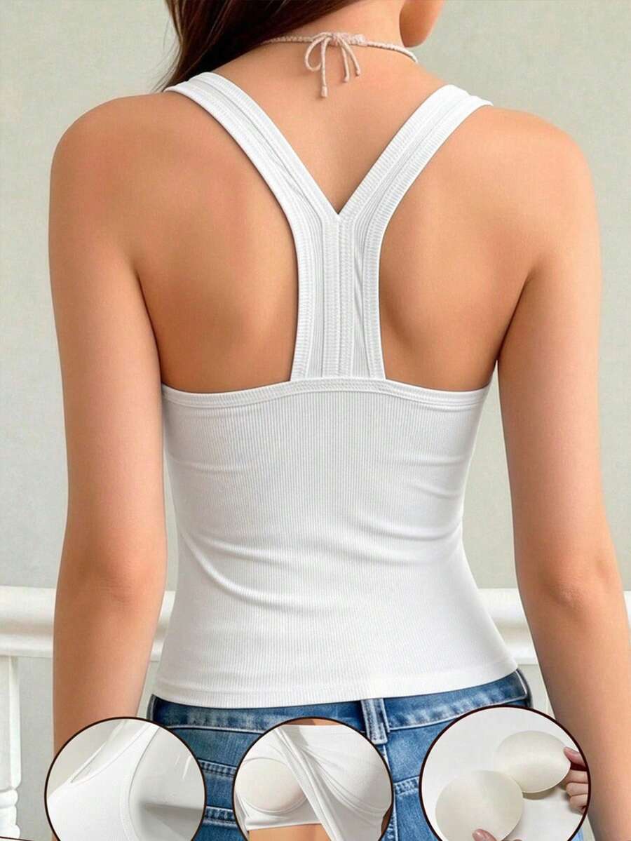 Square Neck Backless Camisole, Fitted, Breathable, Fashionable, Built-In Padding, Versatile For All Seasons - White - View 1