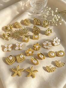 Set de 24 piezas de pendientes de botón de estilo único y de moda, con postes de acero inoxidable, adecuados para regalar a compañeros de clase y amigos, directa de fábrica, pendientes de mujer, pendientes dorados, pendientes dorados de mujer - Pendientes de oro, perlas y blanco - Ver 3