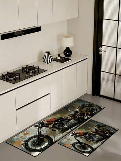1 pièce Tapis de cuisine en gel de silice avec graphique de moto vintage style usé, avec un design d'arrière-plan de peinture éclaboussée artistique. Disponible en versions longue et courte. Élégant et pratique pour la décoration de cuisine minimaliste moderne