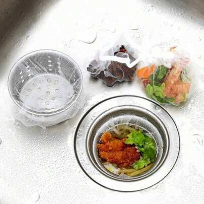 100 túi lọc lưới bồn rửa, thích hợp dùng làm bộ lọc thoát nước bồn rửa nhà bếp, bể rửa rau, bồn rửa chén, giá thoát nước dùng một lần trong gia đình, lưới thoát nước, v.v. Lưới lọc bồn rửa dùng một lần, rổ đựng rau, lưới làm sạch ao, lưới chống rò rỉ, lưới hình túi, lưới thoát nước sàn.