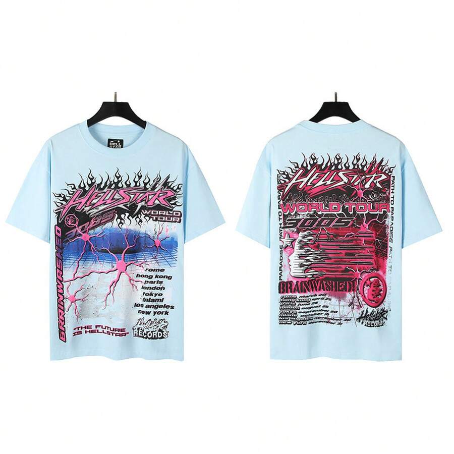 HellST Vintage Streetwear T-Shirt, 100 Percent Cotton Casual Loose Top, Unisex Couple Matching Tee - A791藍色 - 查看 1