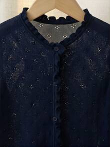 Suéter de punto de manga larga con cuello redondo y volantes, de unicolor y calado, de lyocell, ligero, para niñas, para primavera/verano/otoño - Azul Marino - Ver 4
