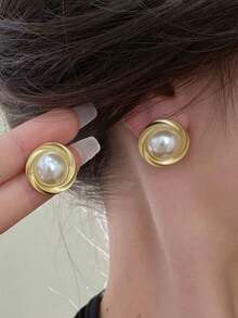 6 Pairs Rhinestone & Faux Pearl French Style Luxury Bohemian Earrings Set, Elegant Unique Earrings Suitable For Daily Wear And Festivals - Gold - View 4