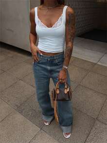 Kliou 夏季性感时尚吊带背心 女士优雅蕾丝拼接低领露背修身弹力热辣女孩街头风露脐上衣 - 白色 - 查看 9