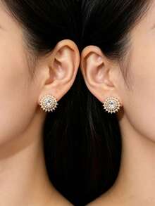 1对经典百搭时尚新款圆形全水晶耳钉 - 彩色 - 查看 12