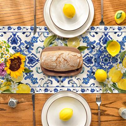 1pc Of Lemon Blue And White Porcelain Summer Table Runner, Suitable For Spring Kitchen Dining Table Family Gatherings, Available In Sizes13x35.4/47.2/63/72/78.7inch