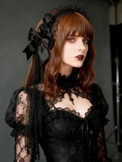 1 chiếc băng đô ren Gothic màu hồng đậm dành cho nữ, kiểu Lolita, phù hợp cho tiệc tùng và cosplay.