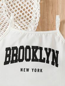 3pcs Tween Girl Brooklyn Letter Print Camisole + Mesh Overlay Top + Shorts Outfit, Fashionable Summer Outdoor Set, Suitable As Summer Gift - White - View 6