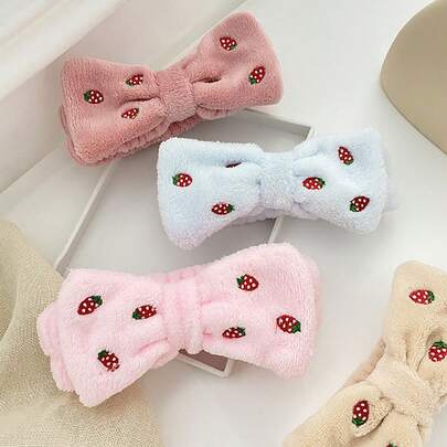 1 pièce Bandeau doux avec broderie de fraise, bandeau absorbant pour le visage pour femmes, accessoire de cheveux mignon pour le maquillage et les voyages