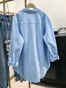 Women's Solid Color Pocket Front Button Casual Shirt Spring - Baby Blue - View 3