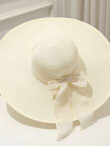 1pc Solid Color Bow Decor Casual Elegant Bohemian Style UV Protection Windproof Wide Brim Round Top Straw Hat, Fashionable Multi-Season Versatile Design With Detachable Strap,Holiday,Festival - Round Straw Hat - View 5