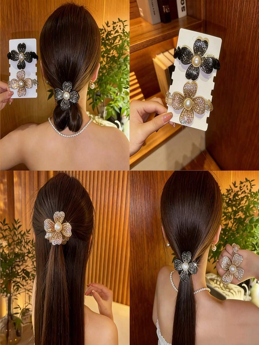 1/2个珍珠闪亮钻石发圈，新款网状四叶花瓣发绳，法式马尾发圈，优雅涤纶发饰