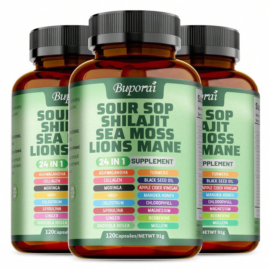 Buporai 24-In-1 Sour Sop Shilajit Sea Moss Supplement| 120 Capsules - 3 Bottle Of 120 Capsules - View 1