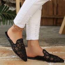 女士网眼套脚穆勒鞋，新款夏季百搭平底尖头慵懒鞋 - 黑色 - 查看 4