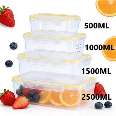 Set Of 4 Kitchen Storage Containers For The Refrigerator, Featuring Airtight Food Storage Boxes That Are Transparent. These Stackable Takeout Bento Boxes Are Crafted From High-Quality PP Material And Are  For Microwave Use. Ideal Fo