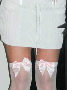 1pair Cute Pink Bow Decor Over The Knee Socks Summer Lolita Style Long Stockings - White - View 6