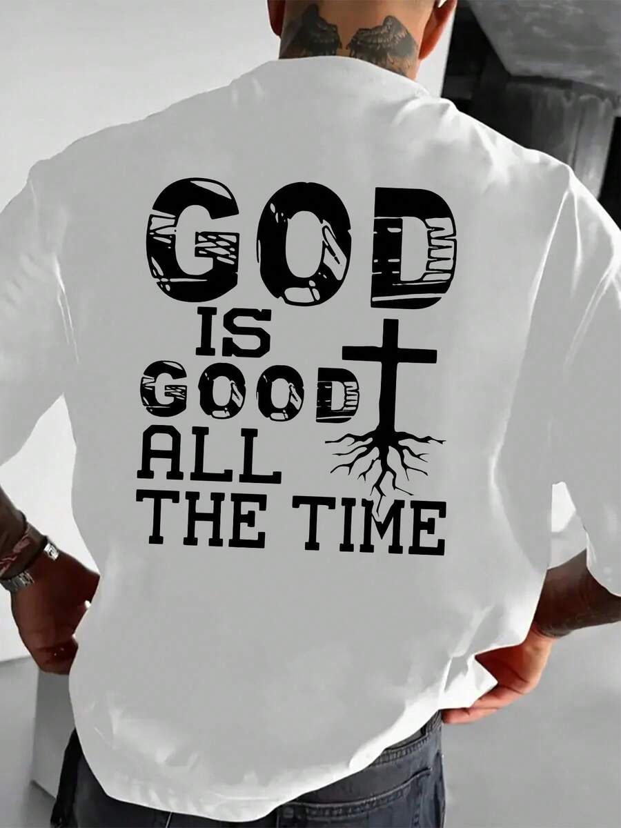 Men's God Is Good Cross Print Casual T-Shirt, Breathable And Comfortable, Regular Fit, Oversized, Y2K Style, Solid Color, All Seasons - White - View 1