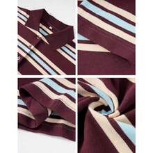 Flygo - playera tipo polo de rugby a rayas para mujer manga larga cuello en V con cuello en V con solapa y botones - Borgoña oscuro - Ver 7