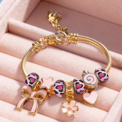 1 pieza Brazalete ajustable de uso diario para mujer con lazo, corazón y paleta de caramelo completamente cubiertos de strass dorados