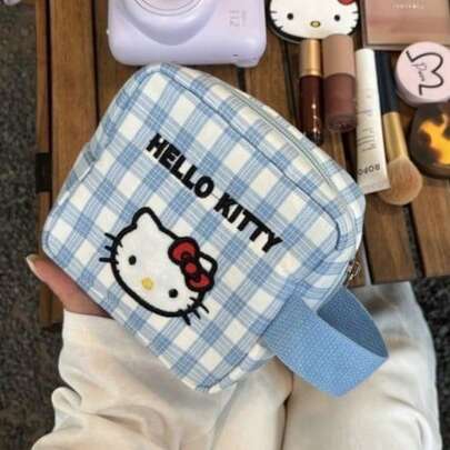 SANRIO 1个浅蓝色格子Hello Kitty 3D刺绣装饰收纳袋，高品质防水防污双层空间袋，稳固拉链封口，日系清新风格手持化妆包，四季皆宜的便携式化妆品收纳袋，日常美容洗漱用品收纳袋
