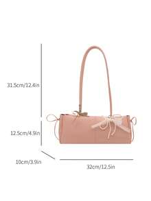 New Retro Fashion Square Bag, Zipper Opening, Belt Bow Decor, (Comes With Pendant), Lightweight Minimalist, Solid Color Soft Leather Dual Handle Shoulder Bag, Suitable For Women's Daily Life, Commuting, Work, Vacation And Student Use - Baby Pink - View 8