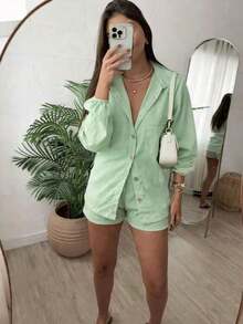 Combination Set Consisting Of A Long-Sleeved Top And Shorts. - 橄欖綠 - 查看 2
