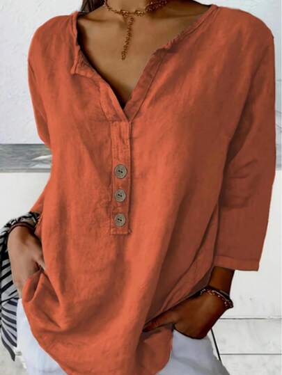 Blusa de cuello en V con botones - Suéter suelto de unicolor, blusa casual de cuello en V de moda para mujeres