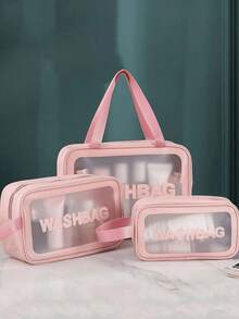 1 túi đựng mỹ phẩm PVC màu hồng, túi đựng đồ tắm trong suốt dung tích lớn, túi đựng đồ vệ sinh cá nhân chống thấm nước bằng PU, túi du lịch tiện dụng cho nữ. - Hồng - Xem 5