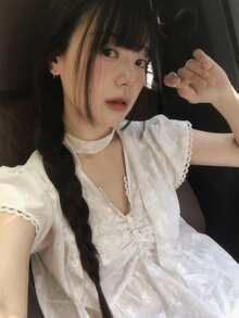 Korean Ins Sweet Tie-Neck Bow Embroidery V-Neck Short Sleeve Blouse Top, Summer White - White - View 7