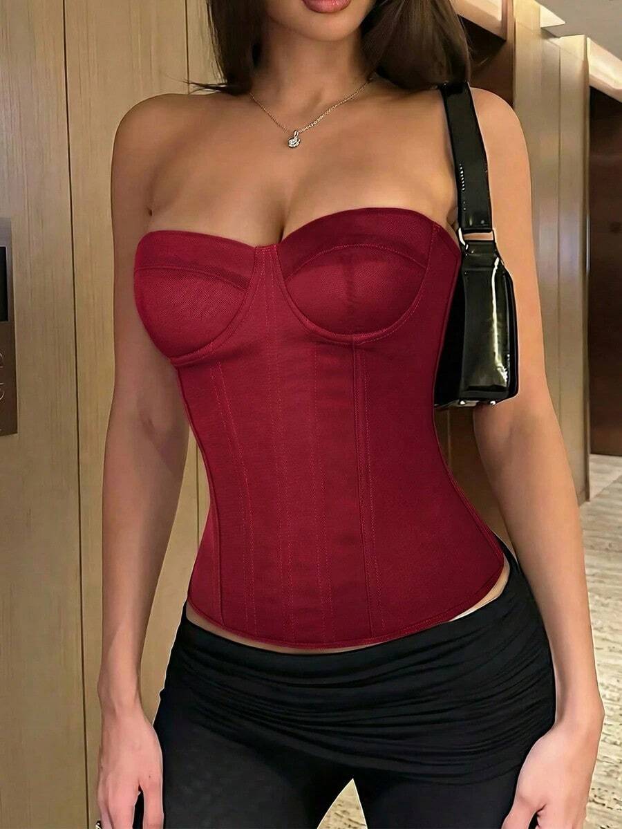 Elegant Solid ColorCorset Top Boned Lace Up Back Shapewear Crop Tube Top Valentine's Day Date Birthday Theme Party Outfits Daily Going Out Outfits Vacation Tops Music Festival Wedding Season Costumes Women - 紅色 - 查看 1