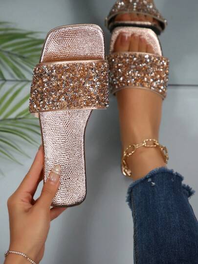 New Plus Size Women's Sparkling Crystal Embellished Square Toe Flat Slides, Glossy Single Strap Sandals, Multi-Color Options For Summer Beach Party, Versatile Daily & Vacation Footwear