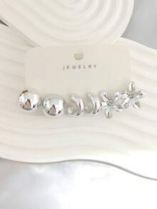 6/18pcs Women Silver Tone Fashion Earring Set, Includes Ball Stud Earrings, Smooth C-Hoop Earrings, 5-Petal Flower Stud Earrings, Cat Claw Stud Earrings, Wide C-Hoop Earrings, Textured C-Hoop Earrings, Fashionable & Elegant/Refreshing Silver Tone Earring Set, Great Gift For Friends, Lovers, Mothers - Silver - View 2