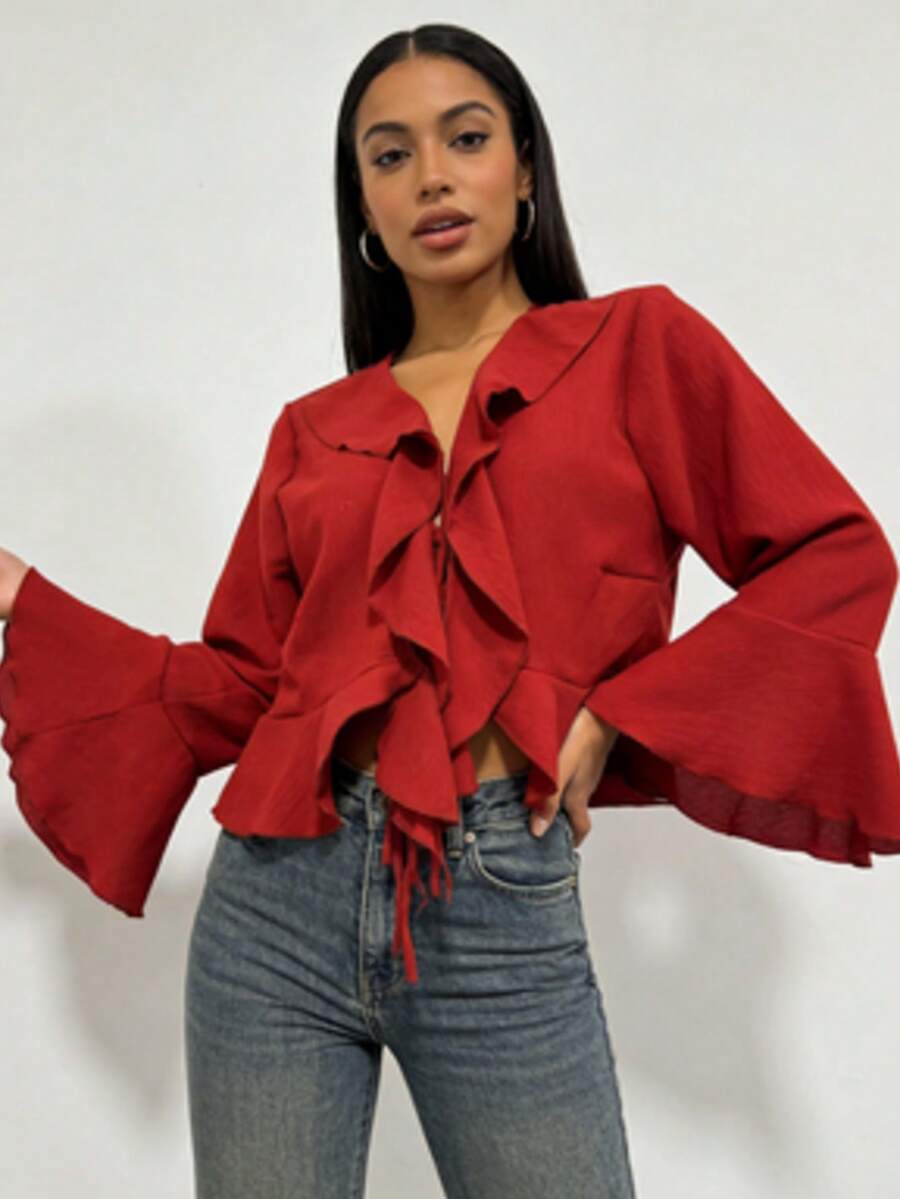 Chiffon Peak And Bell Sleeve Blouse - Red - View 1