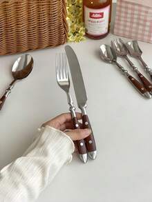 1pc Walnut Wood 2-Piece Cutlery Set, Stainless Steel Flatware Including Main Knife, Fork, Spoon, Salad Fork, Tea Spoon, Ice Cream Spoon, Luxurious High-End Practical Tableware For Home & Restaurant - View 6
