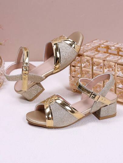 Girls' Gold Sequin Sandals, Metallic Shiny Criss-Cross Design, Comfortable Chunky Heel Princess Shoes, Suitable For Flower Girl, Wedding, Performance, Party