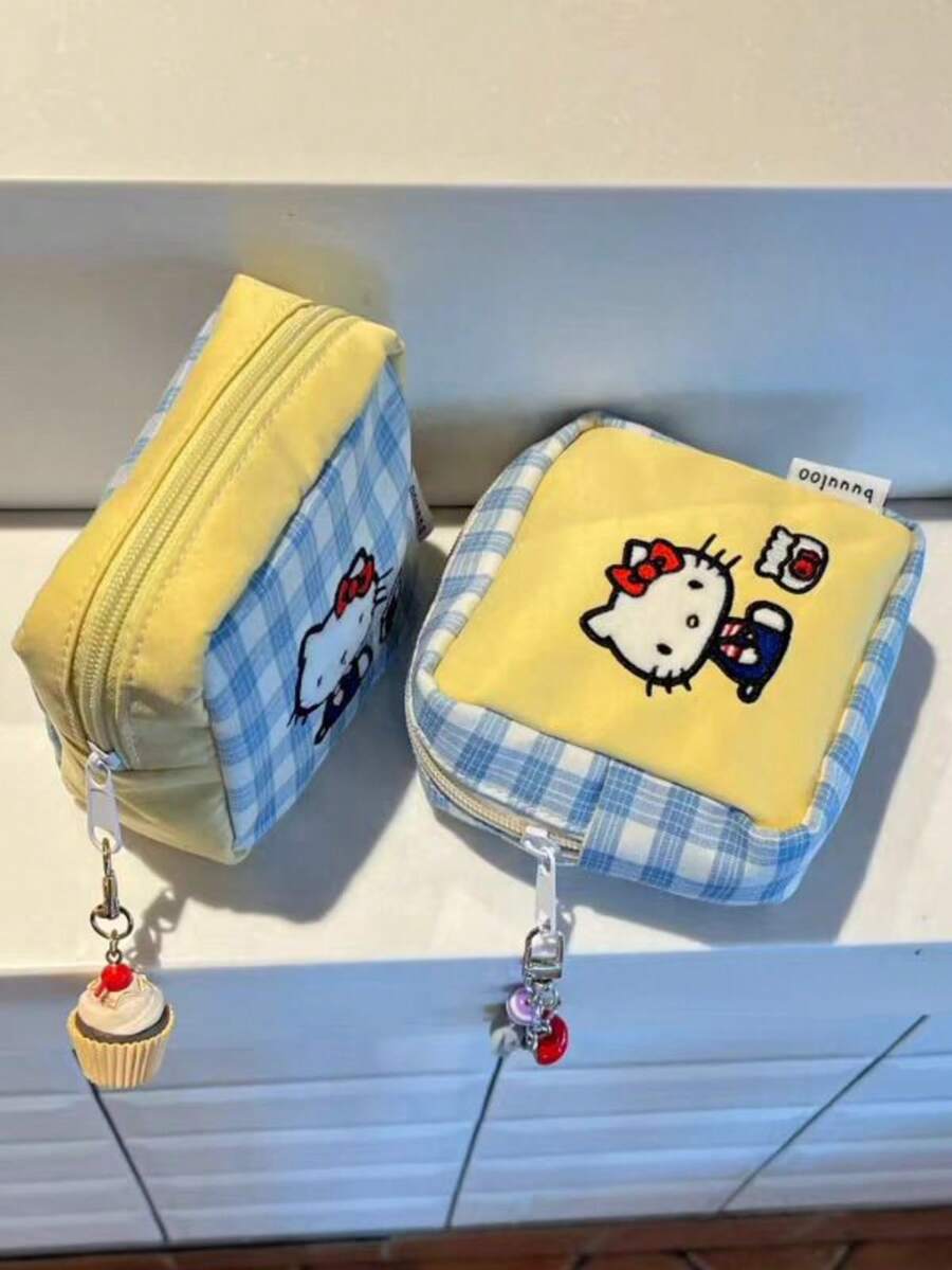 SANRIO 1个Hello Kitty刺绣蓝白格子帆布大容量方形零钱包，防水耐用牛津布多功能收纳袋，拉链便携式化妆包，可爱卡通女孩风格便携小袋，适合学生、上班族、通勤族、旅行族使用。